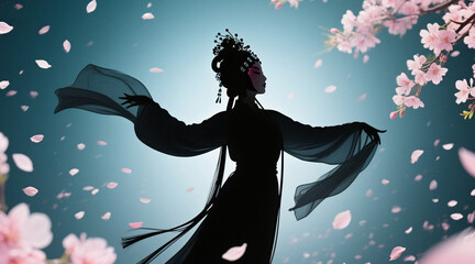 Silhouette of a Chinese opera actress dancing with long sleeves and petals falling in the background, creating a beautiful and romantic atmosphere