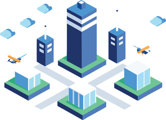 Fototapeta premium Isometric vector illustration of modern cityscape with drones and air lanes