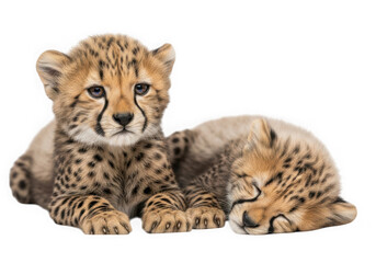 Adorable cheetah cub lying down with expressive eyes captivating wildlife photography isolated on transparent background