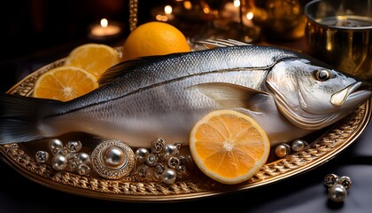 fresh fish adorned with luxury jewelry and zesty citrus creates a visually striking still life celebrating culinary art and opulence