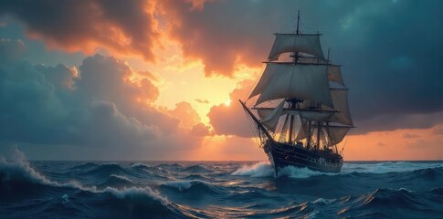 A majestic Victorian-era sailing ship navigates a dramatic, stormy ocean  The ship is silhouetted against a turbulent sky, conveying a sense of adventure and the untamed power of nature , sky, sea