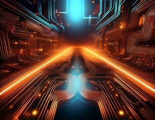 glowing circuit board pathways with orange light technology electronic