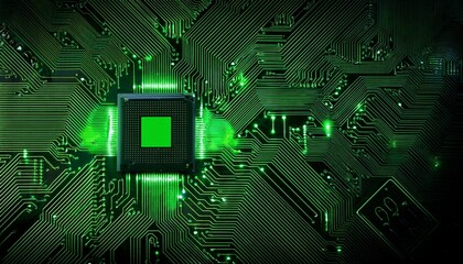 glowing green circuitry on black electronic board technology