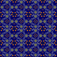 Blue Geometric Floral Pattern – Symmetrical Textile Design with Dotted Motifs and Orange Diamond Accents