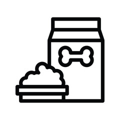 An icon of a pet food bowl with food next to a bag of food with a bone symbol. Editable stroke line  icon