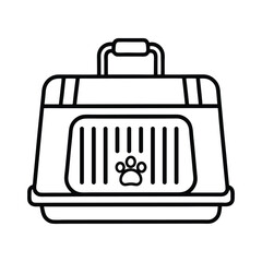 Black outlined pet carrier box with handle and a paw print. Editable stroke line  icon