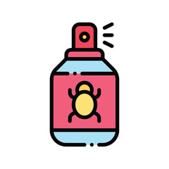 An insecticide bottle icon with a red cap light blue body and a pink label with a yellow insect