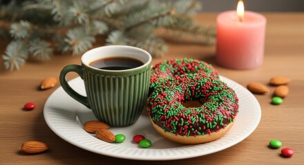 Festive Holiday Breakfast with Coffee Donuts and Candle