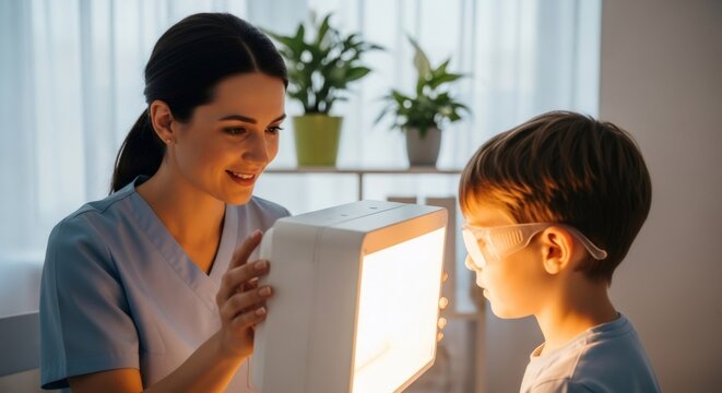 Woman doctor helping boy with vision test using light box. Pediatric ophthalmology procedure with child wearing protective eyewear during eye exam. - Powered by Adobe