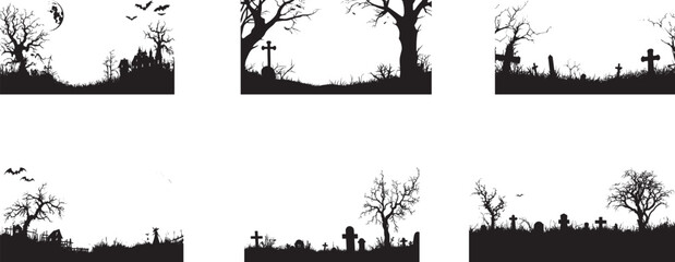 A spooky cemetery with trees, gravestones, and bats.