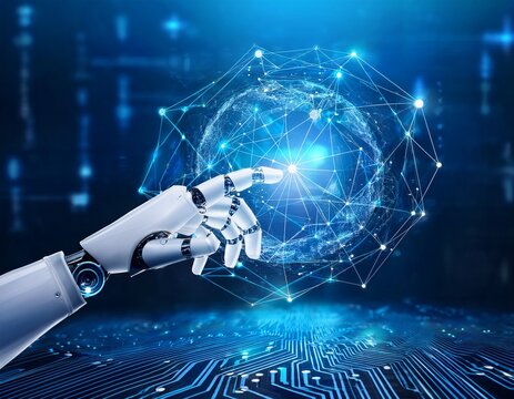 advanced robotic hand interacting with digital data network futuristic technology and artificial intelligence innovation
