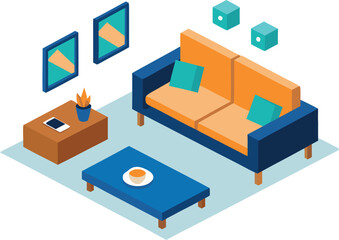 Modern isometric business lounge illustration with sofa coffee table and art vector