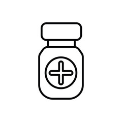 Black outline of medicine bottle with a plus sign. Editable stroke line  icon