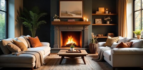 Cozy living room with fireplace, soft blankets, and plush cushions inviting relaxation and peaceful rest Perfect for unwinding after a long day , relaxing, fire, interior
