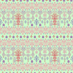 Seamless Ornamental Floral Pattern with Stylized Vases and Hanging Motifs in Pastel Colors