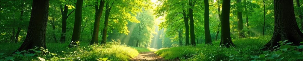 Lush green forest canopy bathed in summer sunlight, dappled shadows on the forest floor, vibrant foliage, peaceful and serene natural scene , green, landscape, nature