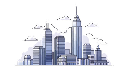 Obraz premium A stylized illustration of a city skyline featuring various skyscrapers and clouds in a blue and white color palette.