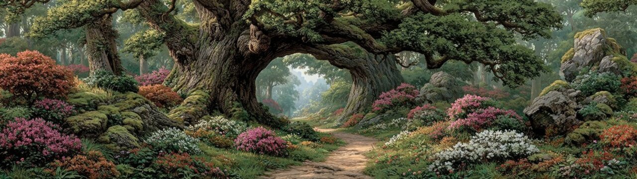 Lush forest path with flowers, moss, and an arched tree creates a serene scene. Use for fantasy designs or evoking a peaceful, natural environment.