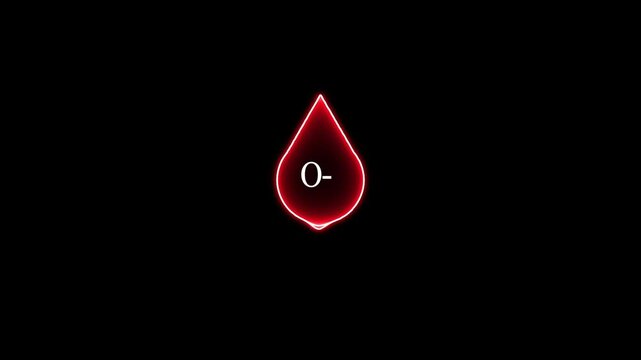 glowing neon O- Blood icon drop animation on black background. Blood donation concept, blood transfusion. AB negative blood drop icon animation. 4k motion video.