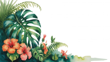 Naklejka premium Watercolor tropical foliage with vibrant coral hibiscus flowers and monstera transparent background