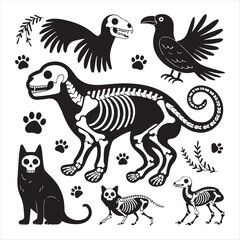 Black and White Animal Skeletons Vector Set - Dog, Cat, Bird, and Paw Prints