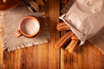 Churros. Fried wheat flour dough, a very popular sweet snack in Spain, Mexico and other countries where it is customary to eat them for breakfast or snack accompanied by hot chocolate or coffee.