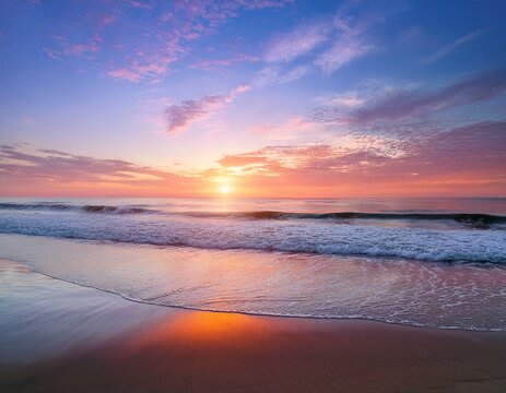 beach scene at sunrise symbolizing peace and recovery with gentle waves soft sand and a vibrant colorful sky reflecting on the water