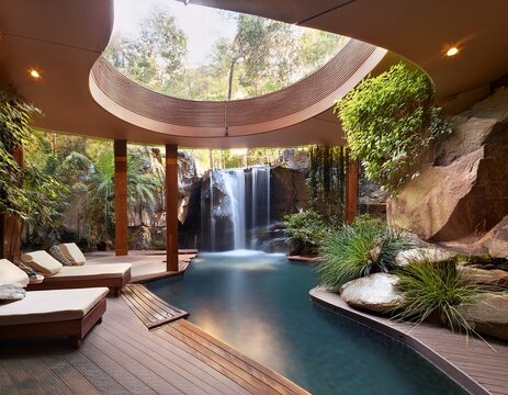 a contemporary and tranquil indoor spa sanctuary featuring a calming waterfall natural rock formations and lush foliage for a serene and rejuvenating experience