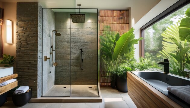 tranquil and modern spa inspired bathroom featuring a stone clad shower lush tropical plants and warm wood accents creating a serene and rejuvenating atmosphere