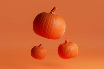 Three orange pumpkins are floating in the air, halloween concept