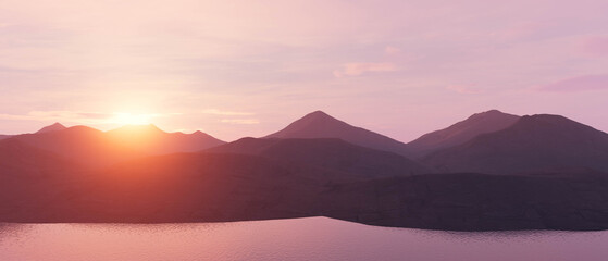 A mountain range with a sun setting in the background