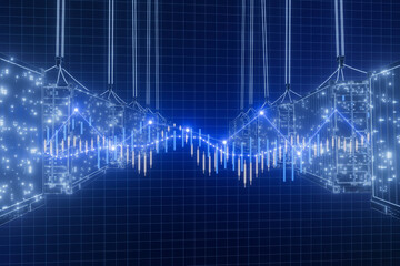 Pair of blue cargo containers with abstract business charts on dark blue backdrop.