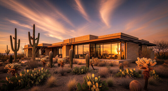 Stunning modern desert home with saguaro cacti at golden hour sunset - Powered by Adobe