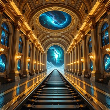 surreal train track leading to outer space galaxy inside ornate golden station hall