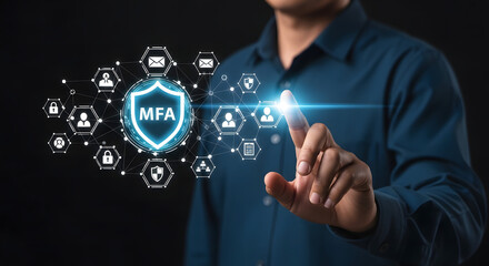 Naklejka premium Man interacting with digital multi factor authentication security shield