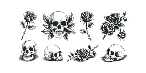 Skulls and roses collection with vintage engraving style
