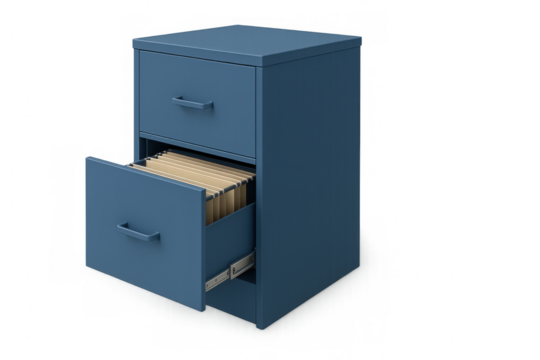 Blue filing cabinet with open drawer, organizing office documents and business files, storing important information