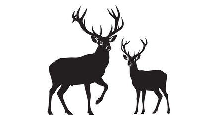Obraz premium Two deer silhouettes, one large stag and one smaller deer, isolated on transparent background