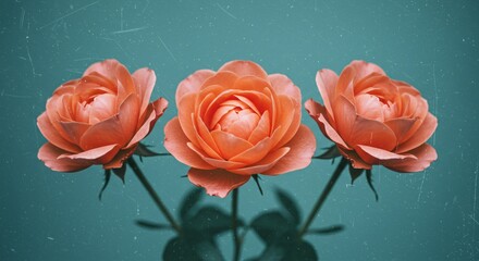 Dreamy vintage peach roses against a teal backdrop evoke a sense of timeless romance and beauty for your next project or design inspiration