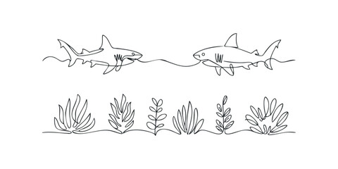 Continuous line drawing of two sharks swimming near underwater plants