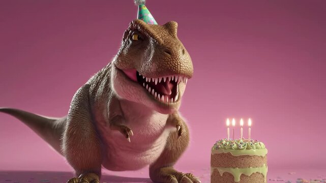 Animated T rex in a Party Hat Next to a Birthday Cake with Lit Candles on Pink Background