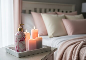 Soft pink candles and decorative bottle on bedside table in bedroom  