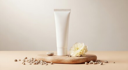 Moisturizing cream tube displayed on wooden surface with flower  