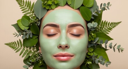 Woman with green facial mask relaxing surrounded by fresh leaves  