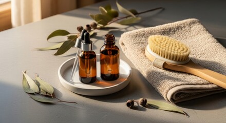 Essential oil bottles and wooden brush on grey surface with leaves  