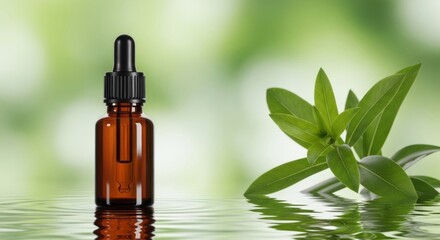 Essential oil dropper bottle on water surface with green leaves  