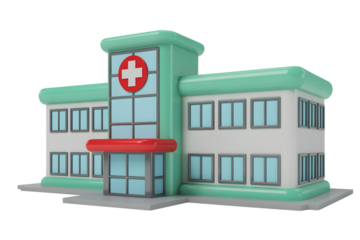 3d hospital exterior with glass facade, red cross symbol and modern architectural design on black background