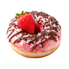 Strawberry Donut Delight: A tempting glazed donut topped with a fresh strawberry and chocolate sprinkles, offering a burst of flavor. 