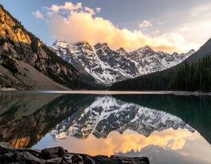 Majestic snow-capped peaks reflected in a serene lake, bathed in golden light