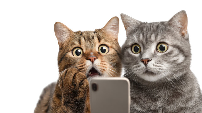 Double Take: Capturing the shared surprise and wide-eyed amazement of two adorable cats gazing at a phone, showcasing the essence of astonishment. 